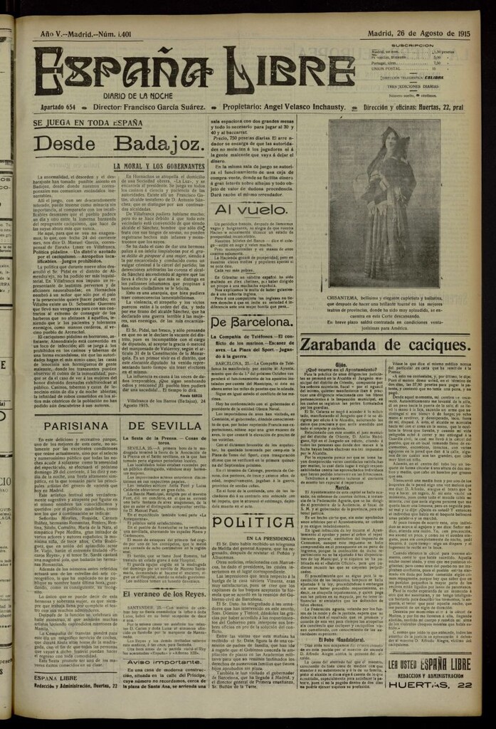 Miniatura de España Libre : Diario de la noche del 26 de agosto de 1915, nº 1401