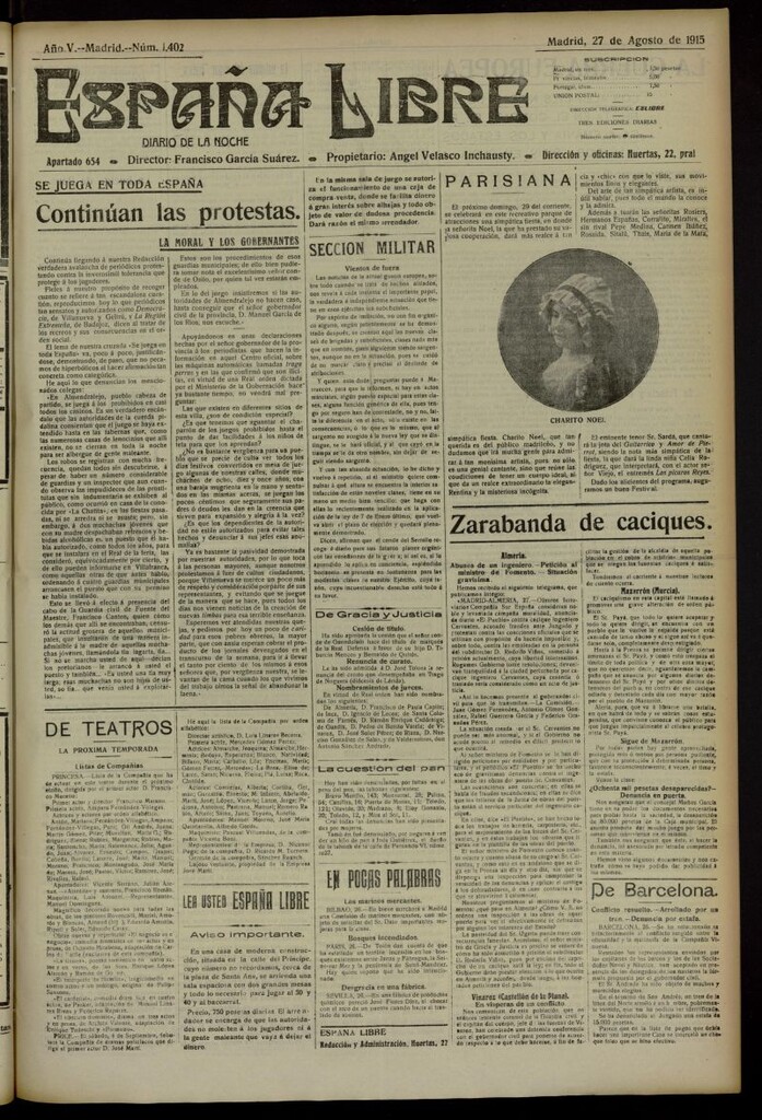 Miniatura de España Libre : Diario de la noche del 27 de agosto de 1915, nº 1402