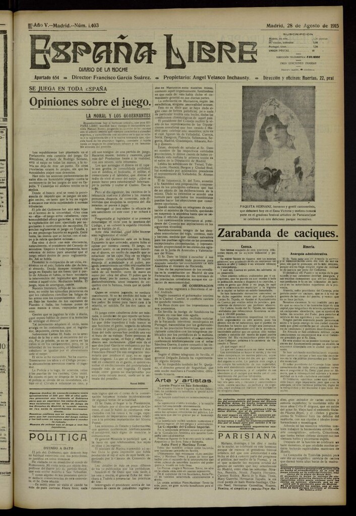 Miniatura de España Libre : Diario de la noche del 28 de agosto de 1915, nº 1403