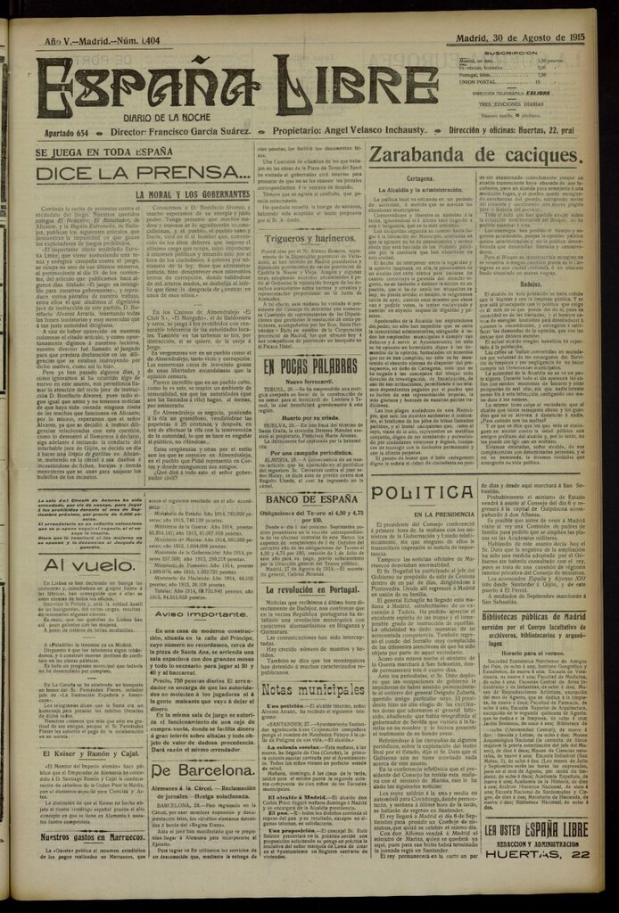 Miniatura de España Libre : Diario de la noche del 30 de agosto de 1915, nº 1404