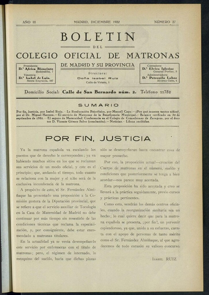 Miniatura de Boletín del Colegio Oficial de Matronas de Madrid y su Provincia de diciembre de 1932