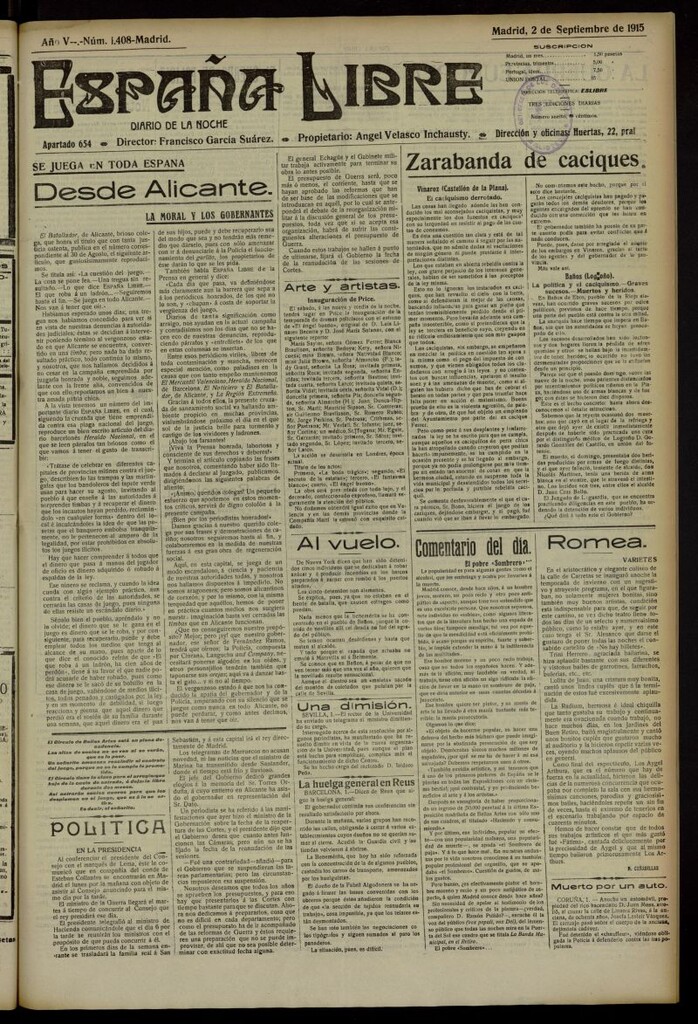 Miniatura de España Libre : Diario de la noche del 2 de septiembre de 1915, nº 1408
