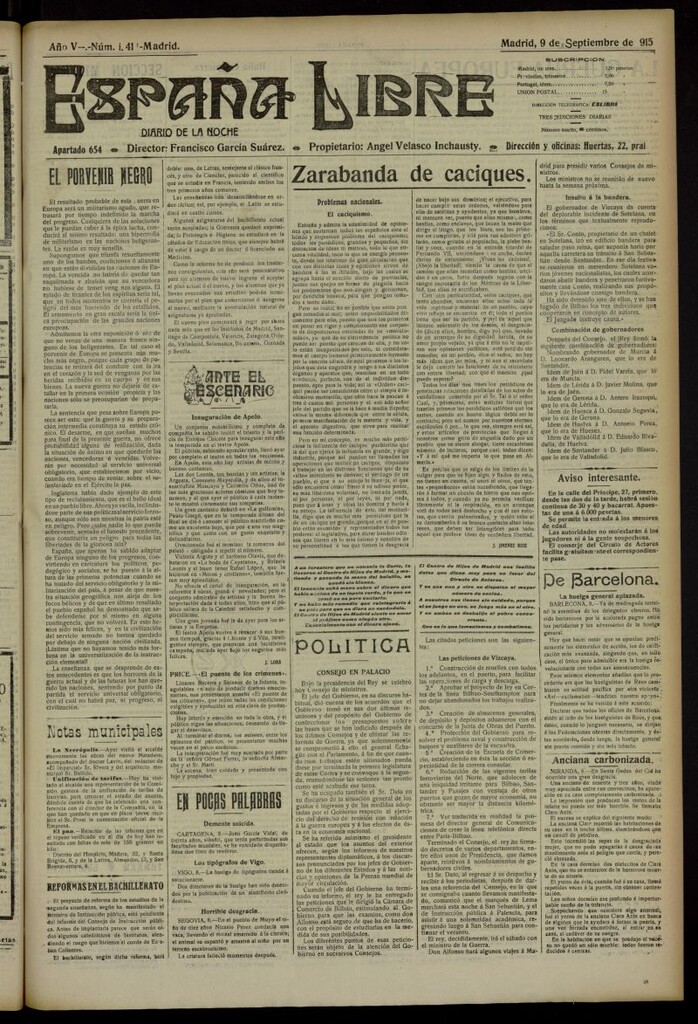 Miniatura de España Libre : Diario de la noche del 9 de septiembre de 1915, nº 1414