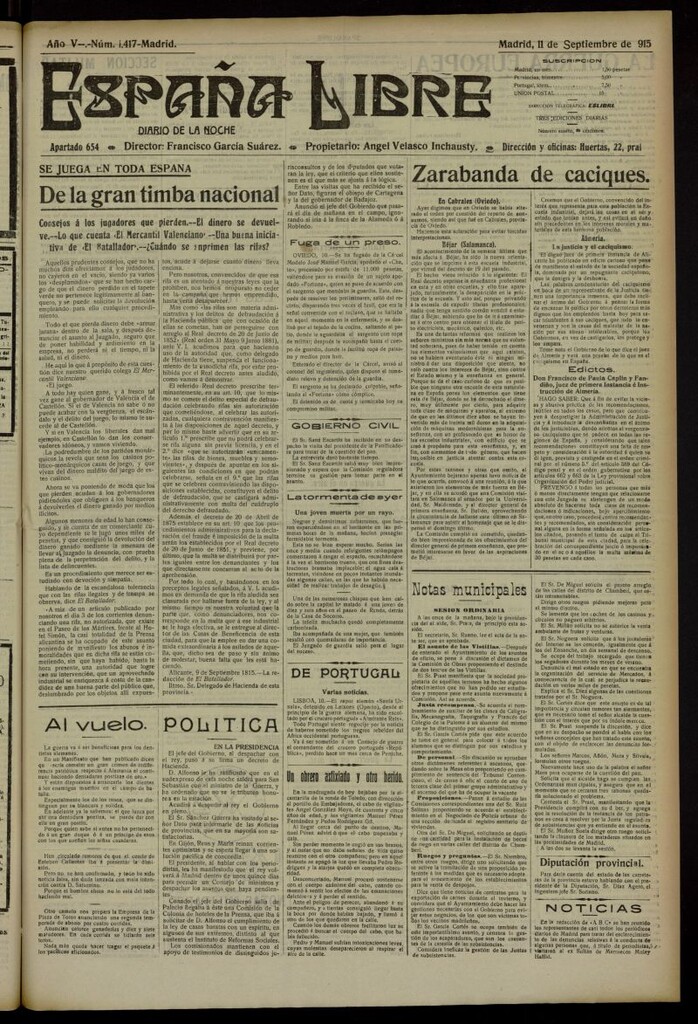 Miniatura de España Libre : Diario de la noche del 11 de septiembre de 1915, nº 1417