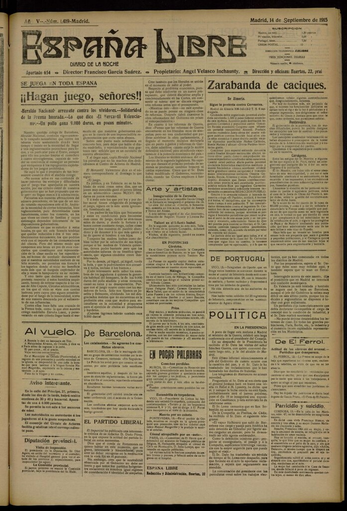 Miniatura de España Libre : Diario de la noche del 14 de septiembre de 1915, nº 1419