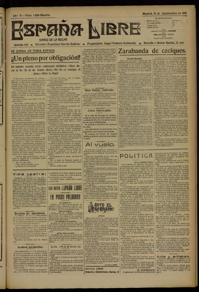 Miniatura de España Libre : Diario de la noche del 15 de septiembre de 1915, nº 1420