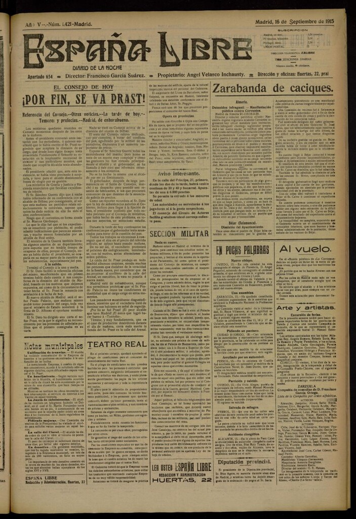 Miniatura de España Libre : Diario de la noche del 16 de septiembre de 1915, nº 1421