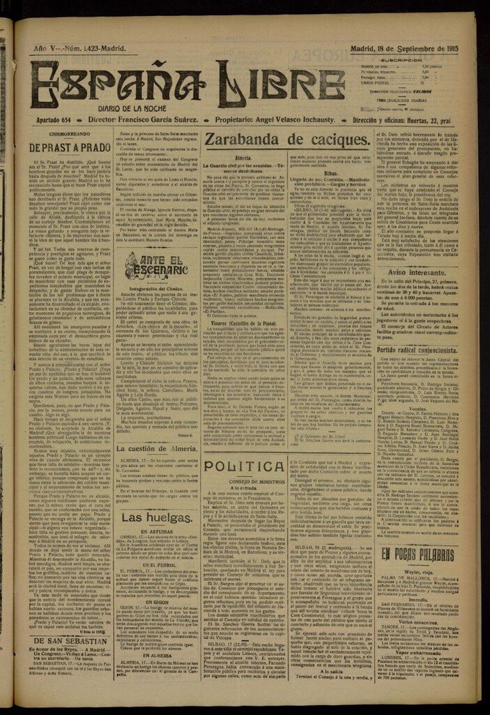 Miniatura de España Libre : Diario de la noche del 18 de septiembre de 1915, nº 1423