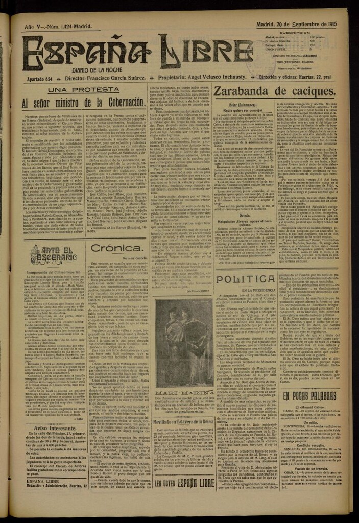 Miniatura de España Libre : Diario de la noche del 20 de septiembre de 1915, nº 1424