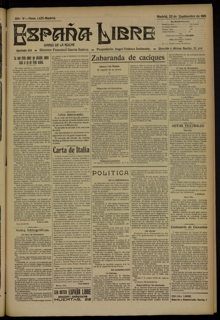 Miniatura de España Libre : Diario de la noche del 22 de septiembre de 1915, nº 1425