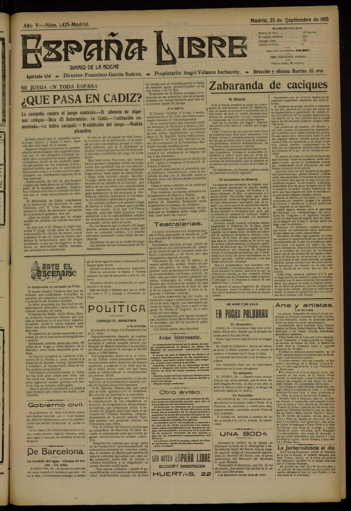 Miniatura de España Libre : Diario de la noche del 23 de septiembre de 1915, nº 1425 [sic]