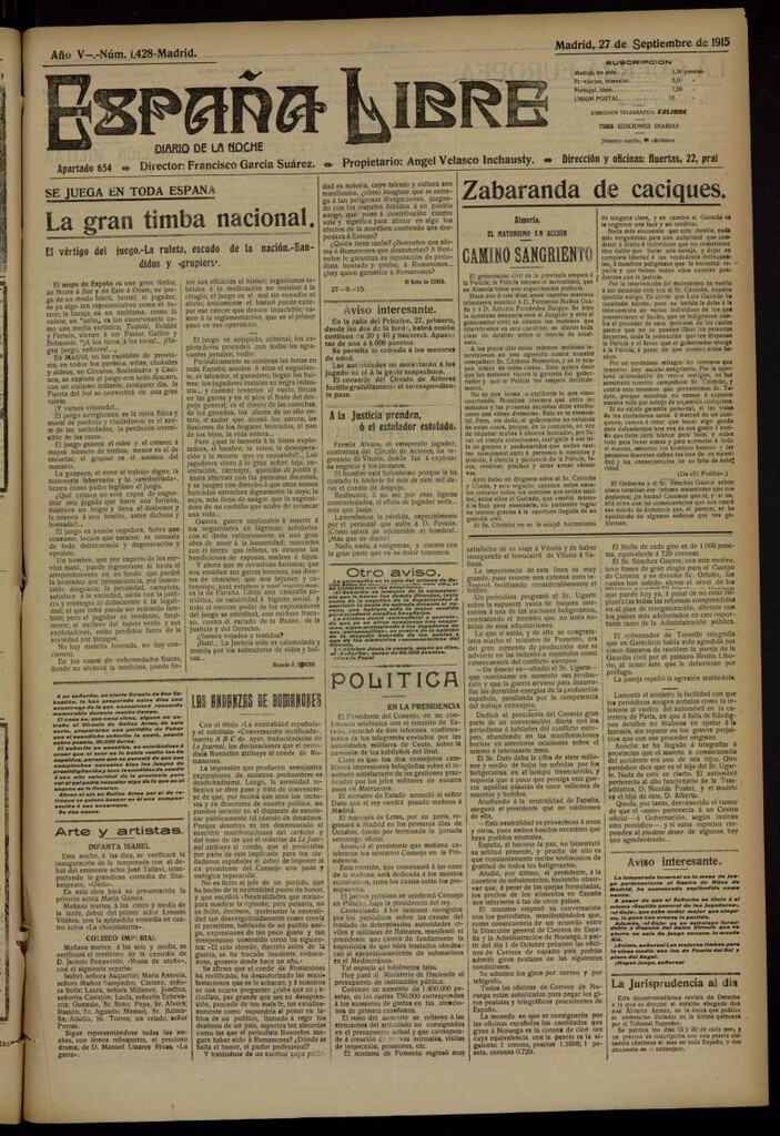 Miniatura de España Libre : Diario de la noche del 27 de septiembre de 1915, nº 1428