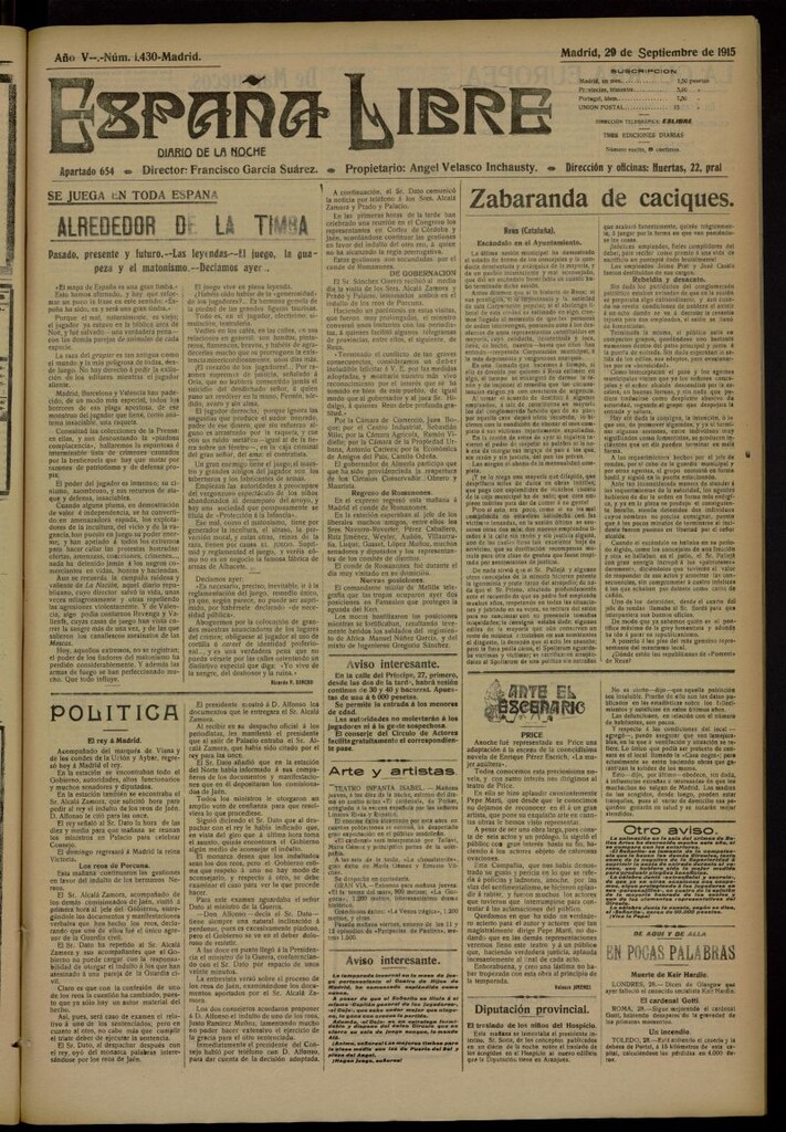 Miniatura de España Libre : Diario de la noche del 29 de septiembre de 1915, nº 1430