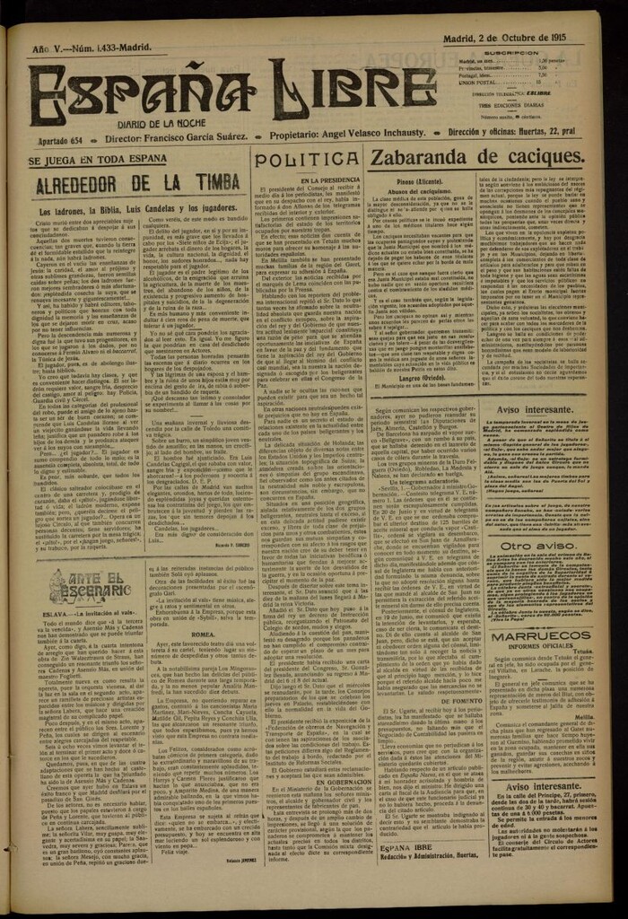Miniatura de España Libre : Diario de la noche del 2 de octubre de 1915, nº 1433