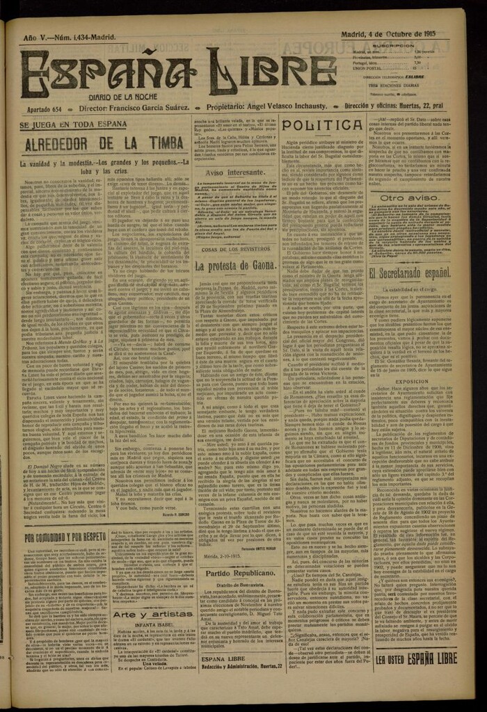 Miniatura de España Libre : Diario de la noche del 4 de octubre de 1915, nº 1434