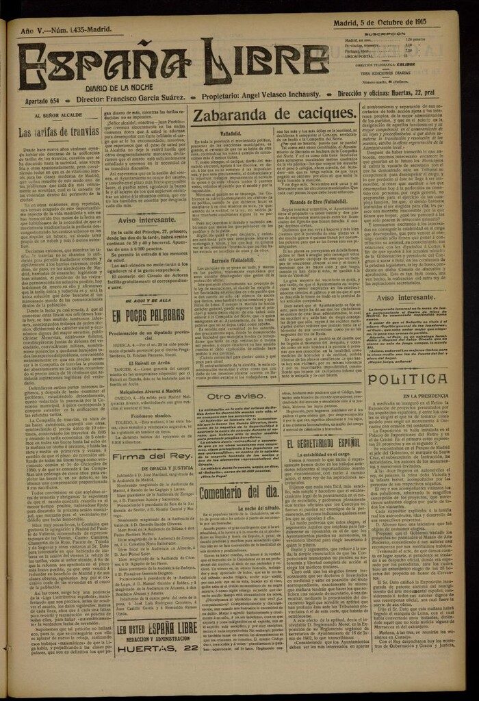 Miniatura de España Libre : Diario de la noche del 5 de octubre de 1915, nº 1435
