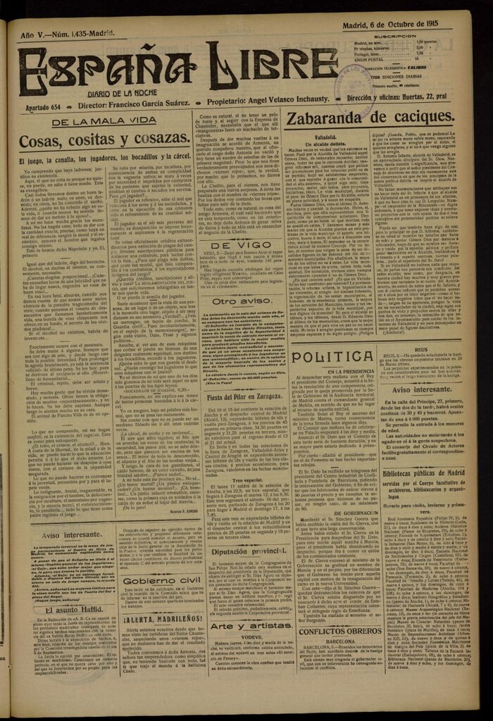 Miniatura de España Libre : Diario de la noche del 6 de octubre de 1915, nº 1435 [sic]