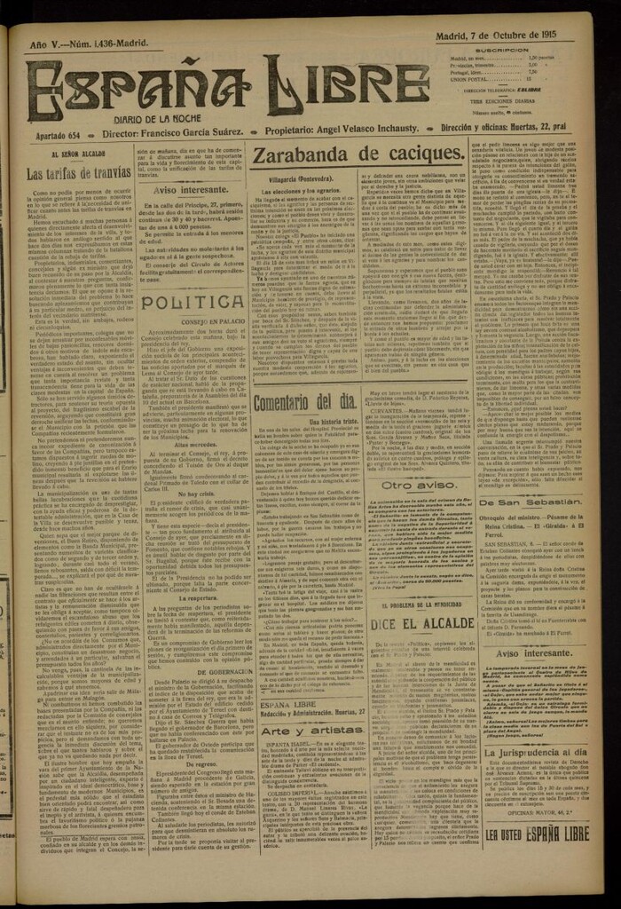 Miniatura de España Libre : Diario de la noche del 7 de octubre de 1915, nº 1436