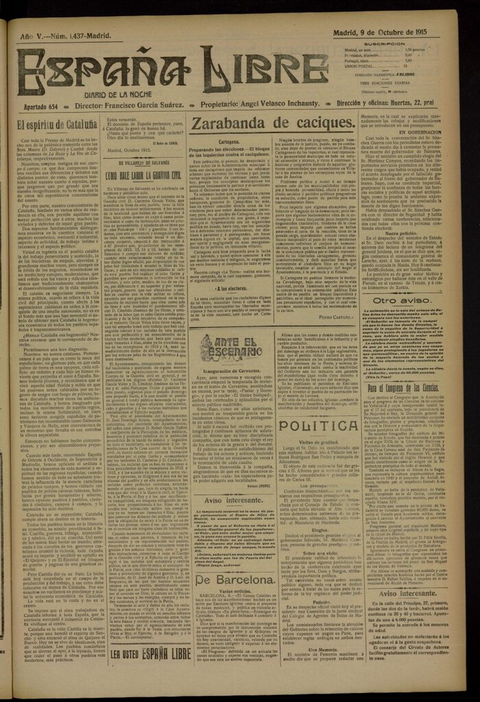 Miniatura de España Libre : Diario de la noche del 9 de octubre de 1915, nº 1437 [sic]