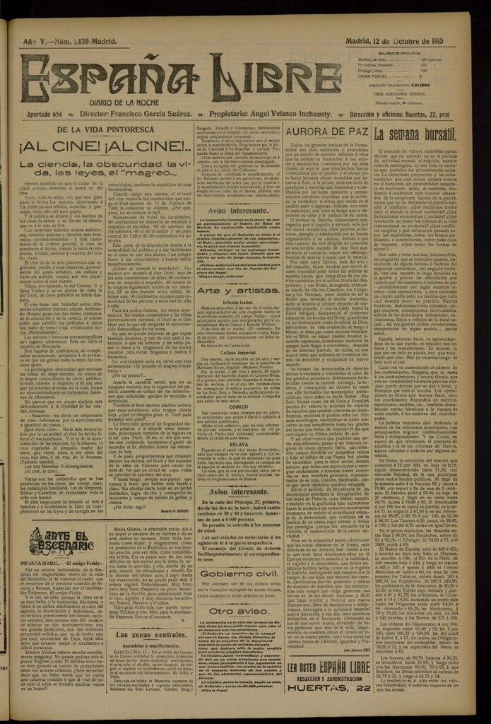 Miniatura de España Libre : Diario de la noche del 12 de octubre de 1915, nº 1439 [sic]