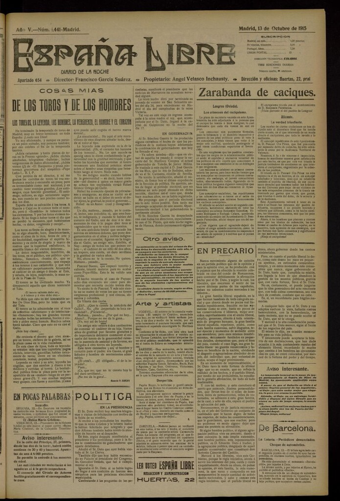 Miniatura de España Libre : Diario de la noche del 13 de octubre de 1915, nº 1441