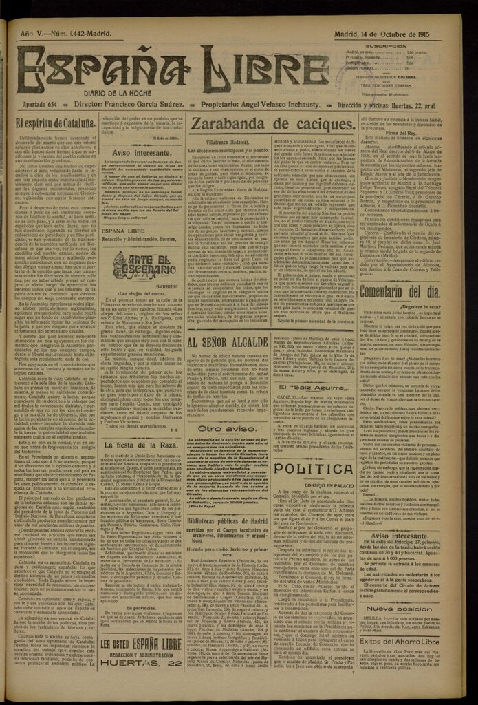 Miniatura de España Libre : Diario de la noche del 14 de octubre de 1915, nº 1442