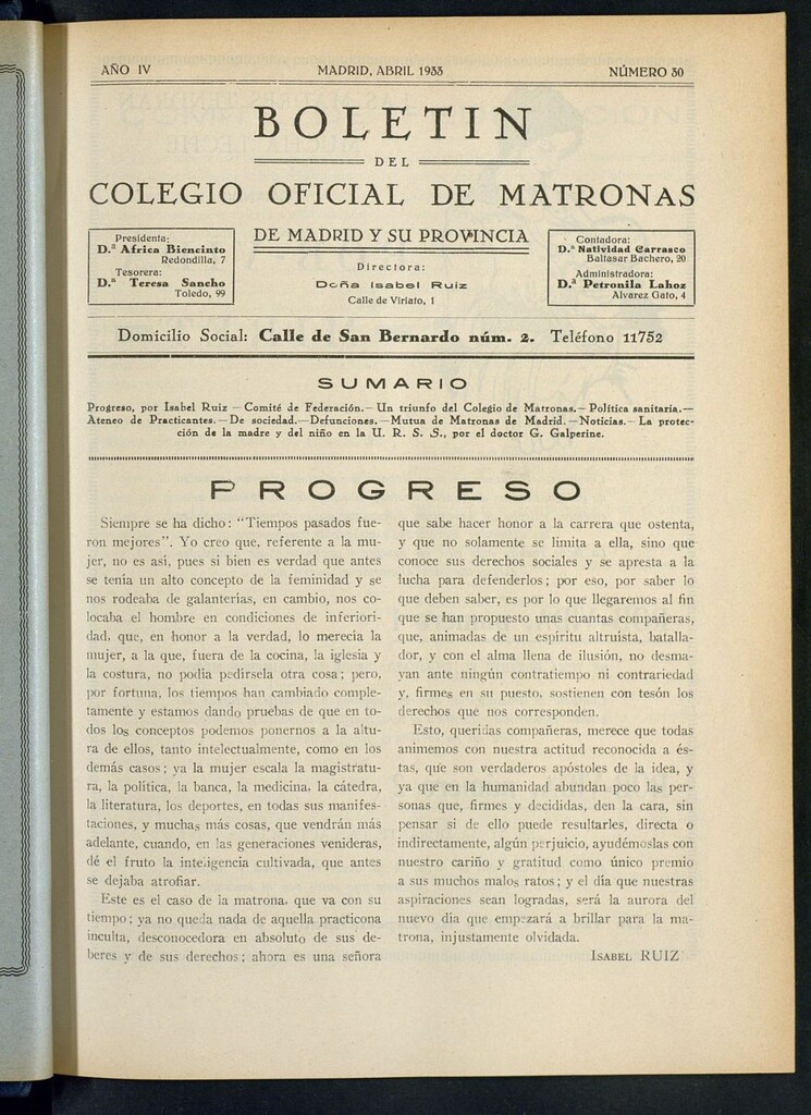 Miniatura de Boletín del Colegio Oficial de Matronas de Madrid y su Provincia de abril de 1933