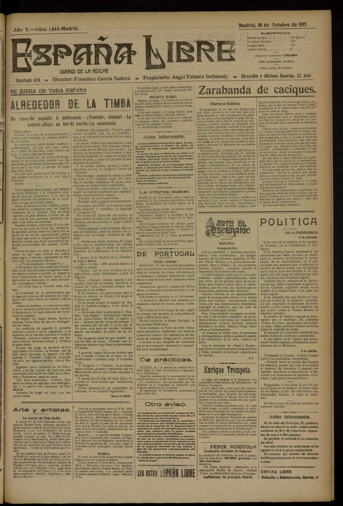 Miniatura de España Libre : Diario de la noche del 16 de octubre de 1915, nº 1444