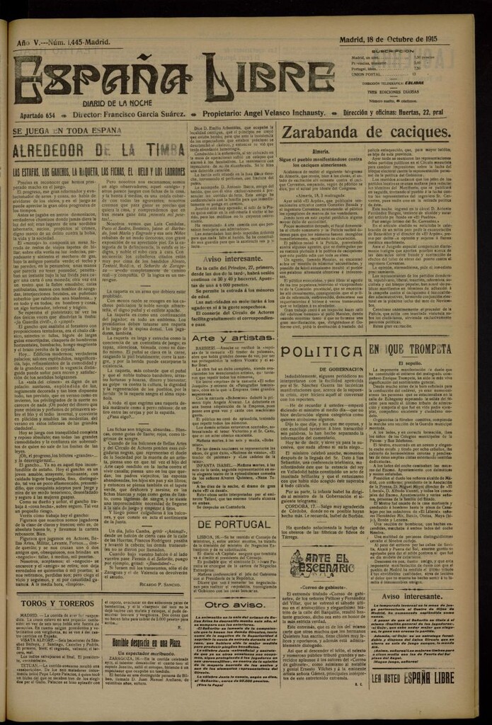 Miniatura de España Libre : Diario de la noche del 18 de octubre de 1915, nº 1445