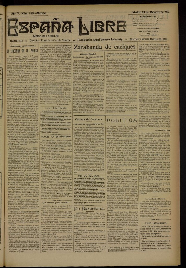 Miniatura de España Libre : Diario de la noche del 23 de octubre de 1915, nº 1449 [sic]