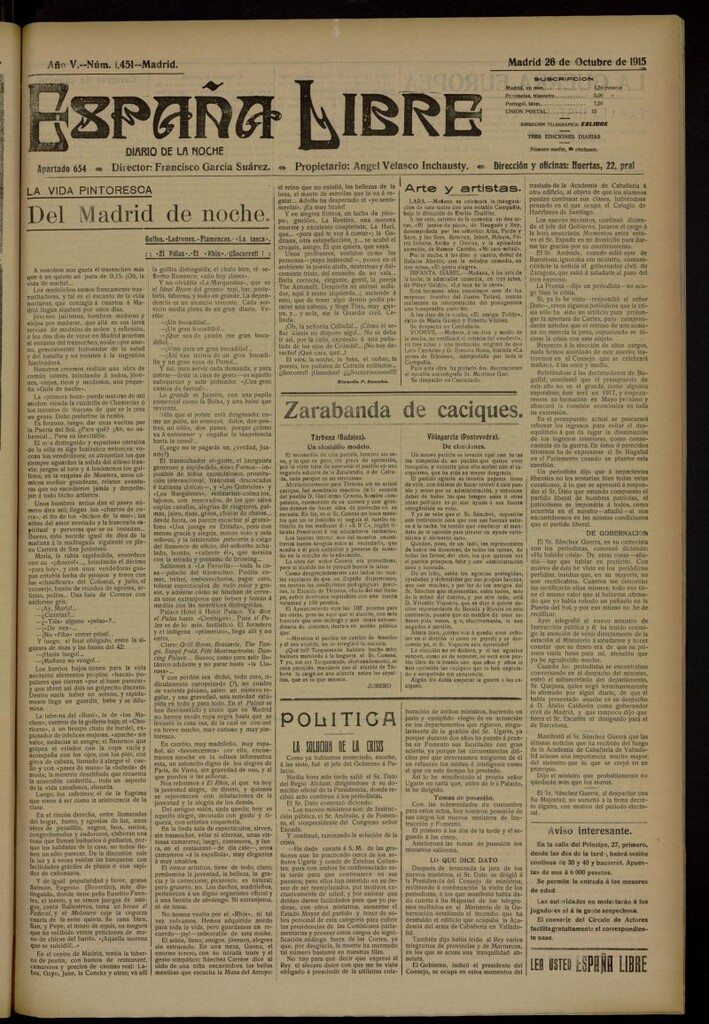Miniatura de España Libre : Diario de la noche del 26 de octubre de 1915, nº 1451