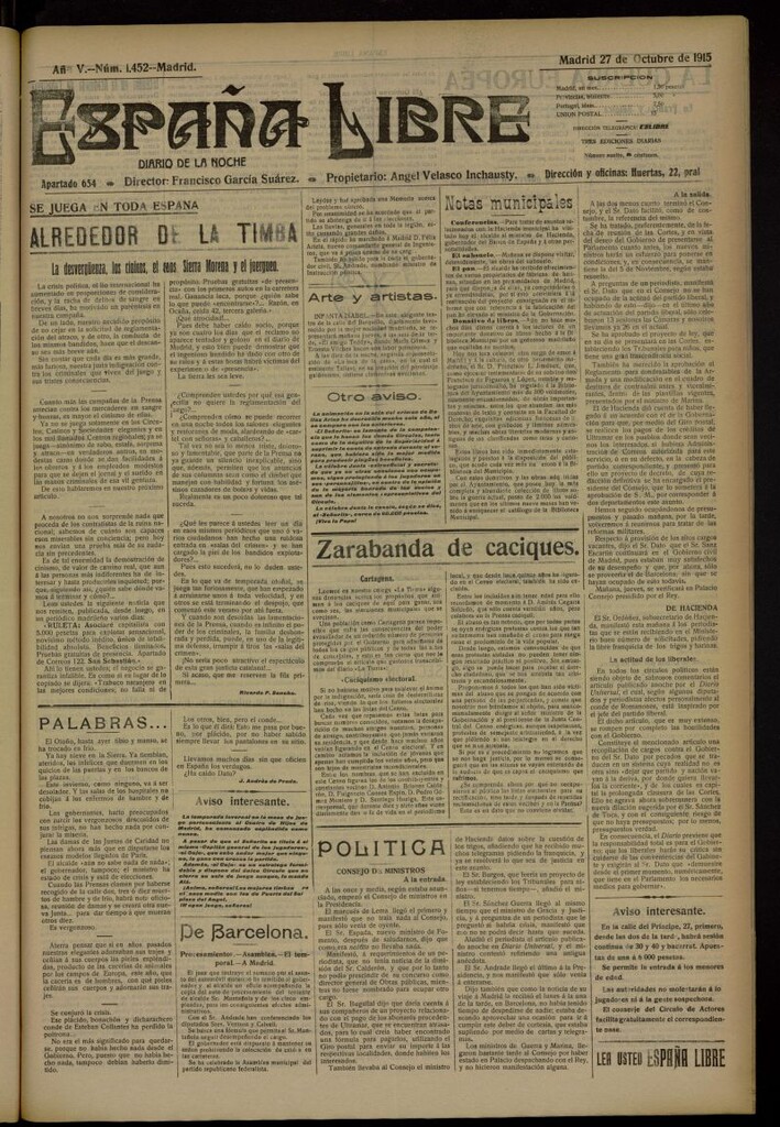 Miniatura de España Libre : Diario de la noche del 27 de octubre de 1915, nº 1452