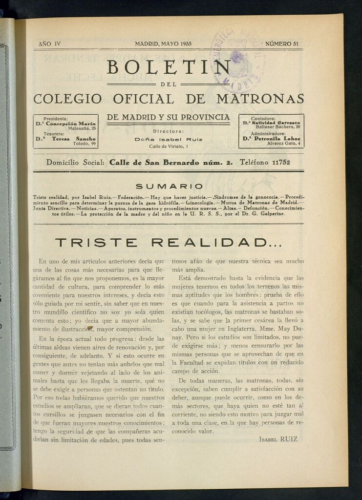 Miniatura de Boletín del Colegio Oficial de Matronas de Madrid y su Provincia de mayo de 1933