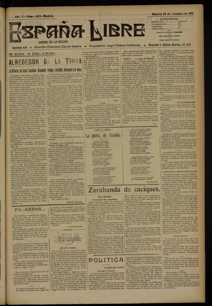 Miniatura de España Libre : Diario de la noche del 28 de octubre de 1915, nº 1453