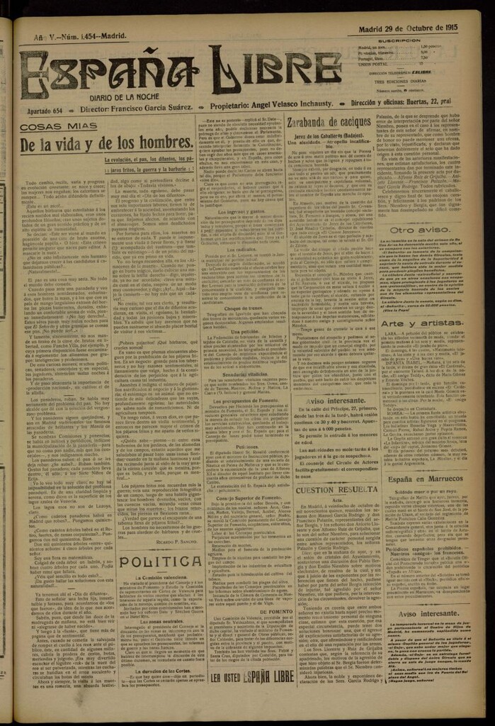 Miniatura de España Libre : Diario de la noche del 29 de octubre de 1915, nº 1454
