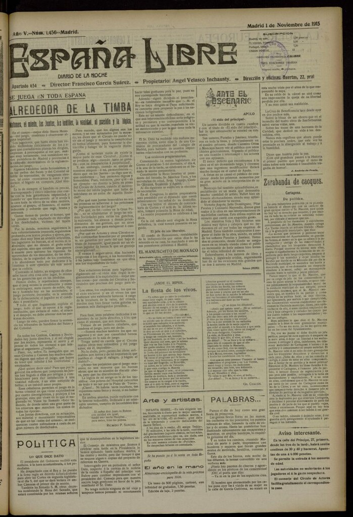 Miniatura de España Libre : Diario de la noche del 1 de noviembre de 1915, nº 1456