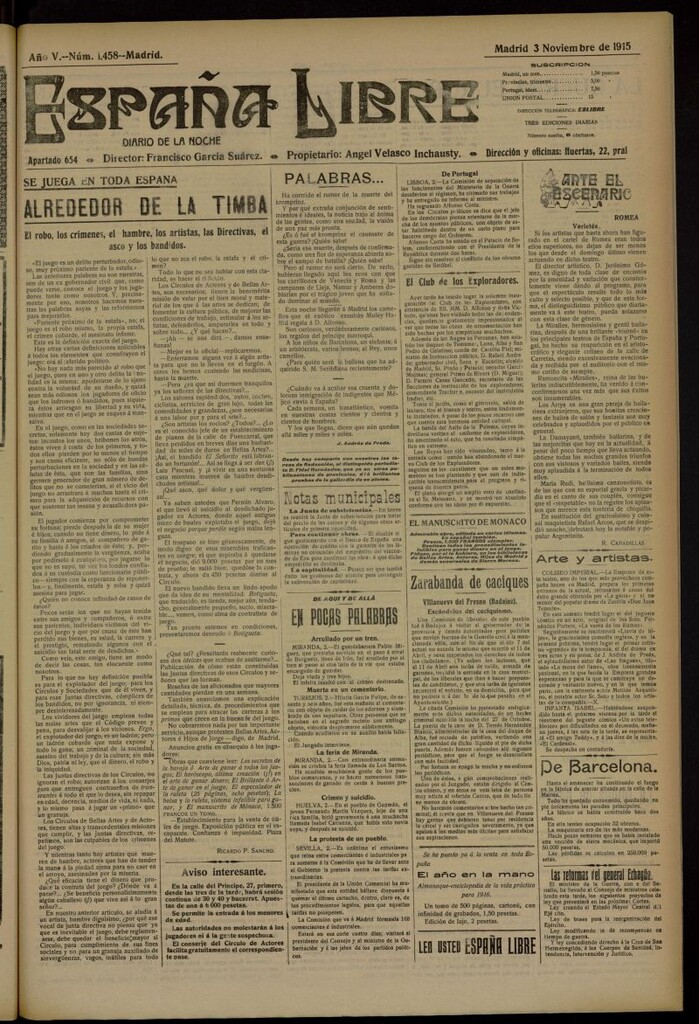 Miniatura de España Libre : Diario de la noche del 3 de noviembre de 1915, nº 1458