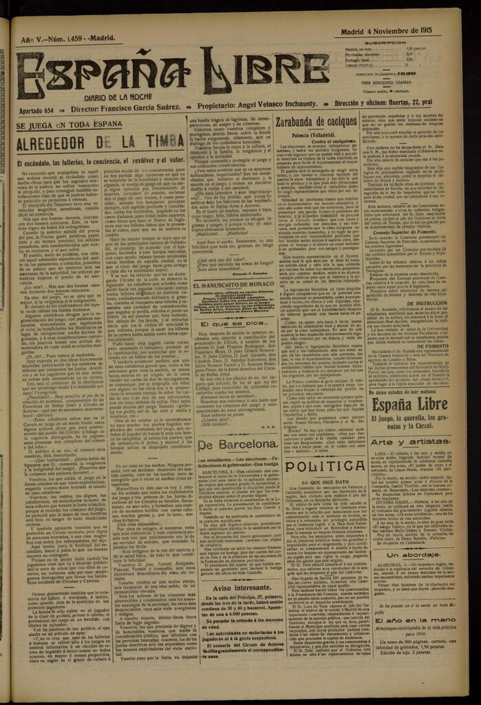 Miniatura de España Libre : Diario de la noche del 4 de noviembre de 1915, nº 1459