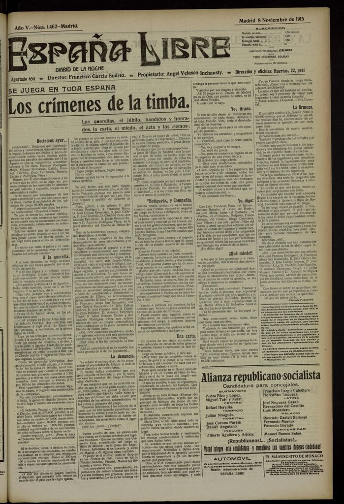 Miniatura de España Libre : Diario de la noche del 8 de noviembre de 1915, nº 1462