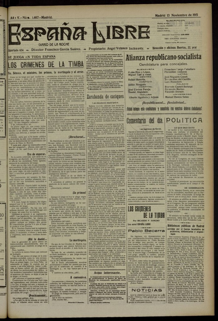 Miniatura de España Libre : Diario de la noche del 13 de noviembre de 1915, nº 1467