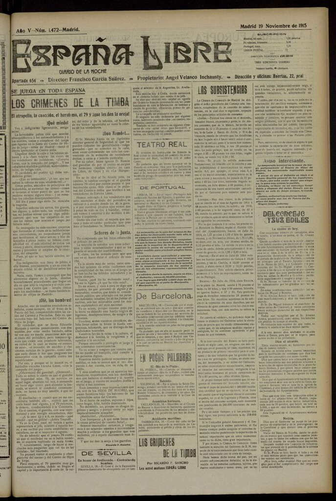 Miniatura de España Libre : Diario de la noche del 19 de noviembre de 1915, nº 1472