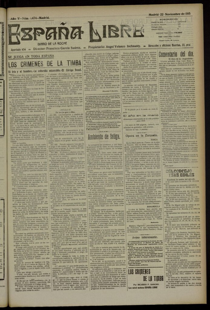 Miniatura de España Libre : Diario de la noche del 22 de noviembre de 1915, nº 1474