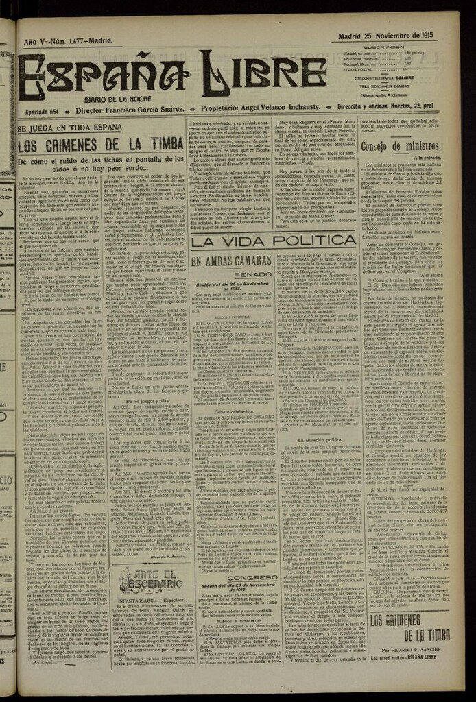 Miniatura de España Libre : Diario de la noche del 25 de noviembre de 1915, nº 1477