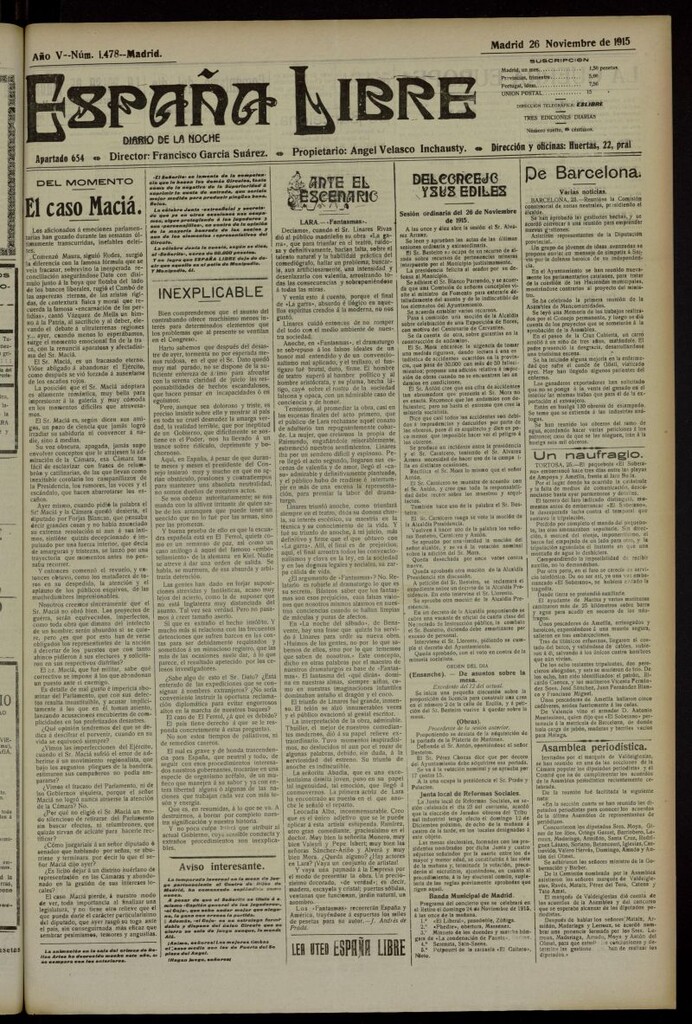 Miniatura de España Libre : Diario de la noche del 26 de noviembre de 1915, nº 1478