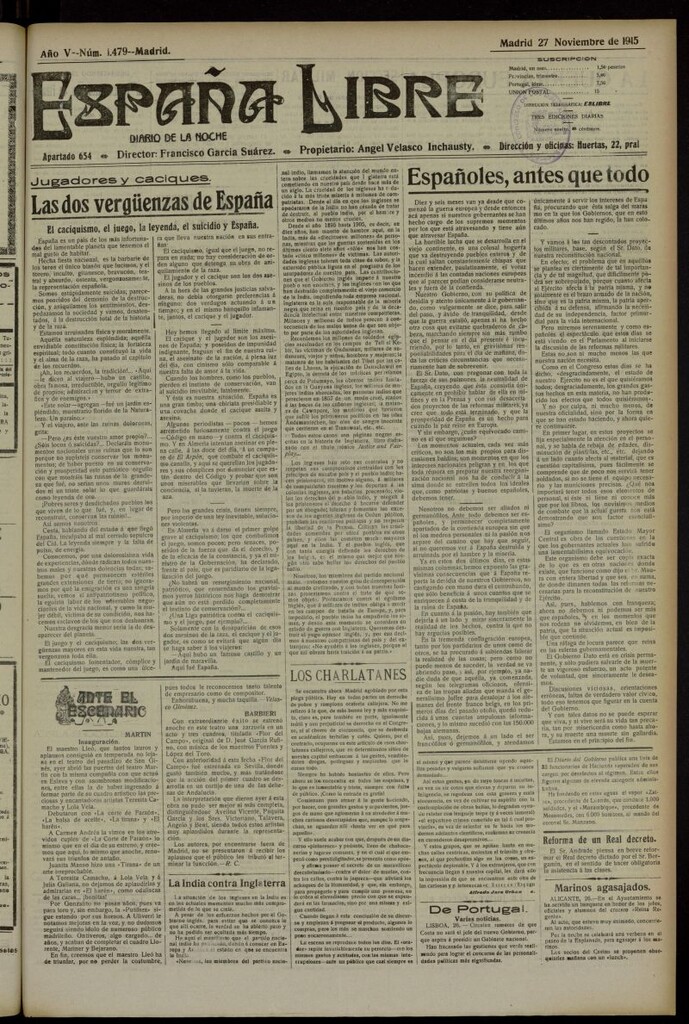 Miniatura de España Libre : Diario de la noche del 27 de noviembre de 1915, nº 1479