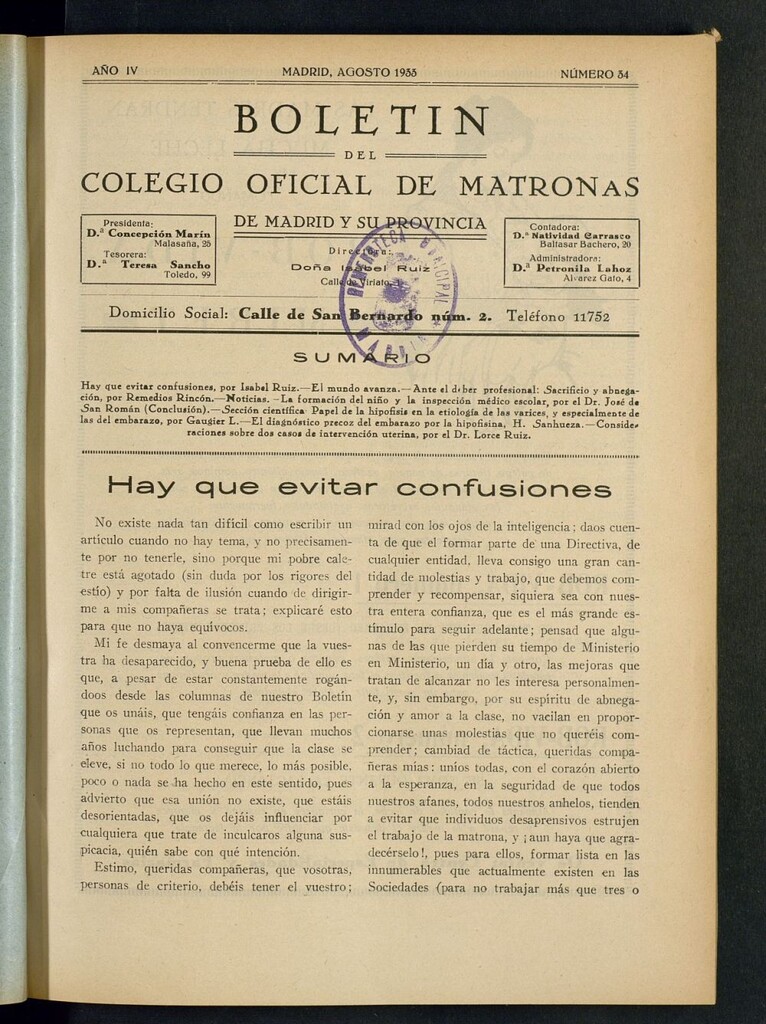 Miniatura de Boletín del Colegio Oficial de Matronas de Madrid y su Provincia de agosto de 1933