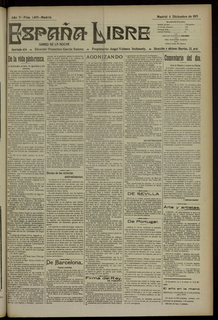 Miniatura de España Libre : Diario de la noche del 4 de diciembre de 1915, nº 1485