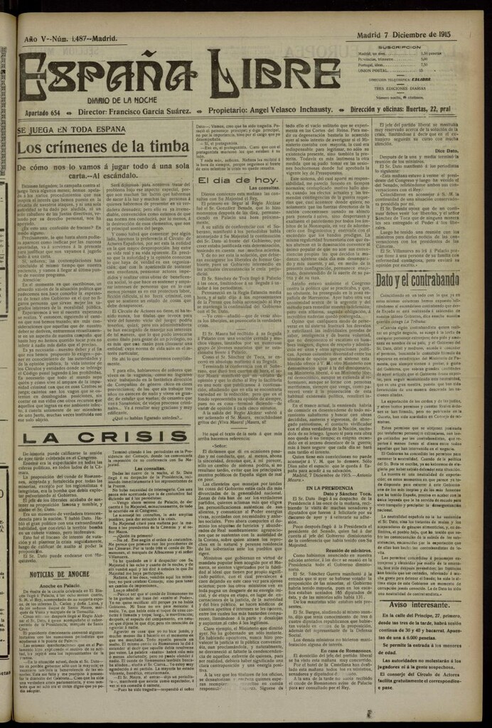 Miniatura de España Libre : Diario de la noche del 7 de diciembre de 1915, nº 1487