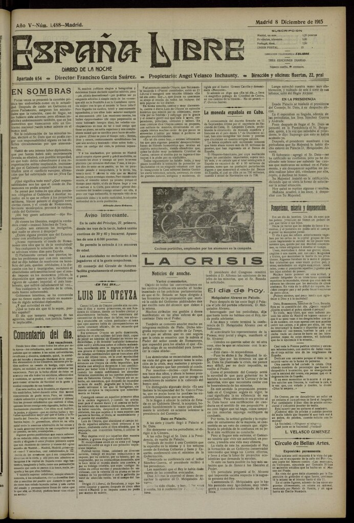 Miniatura de España Libre : Diario de la noche del 8 de diciembre de 1915, nº 1488