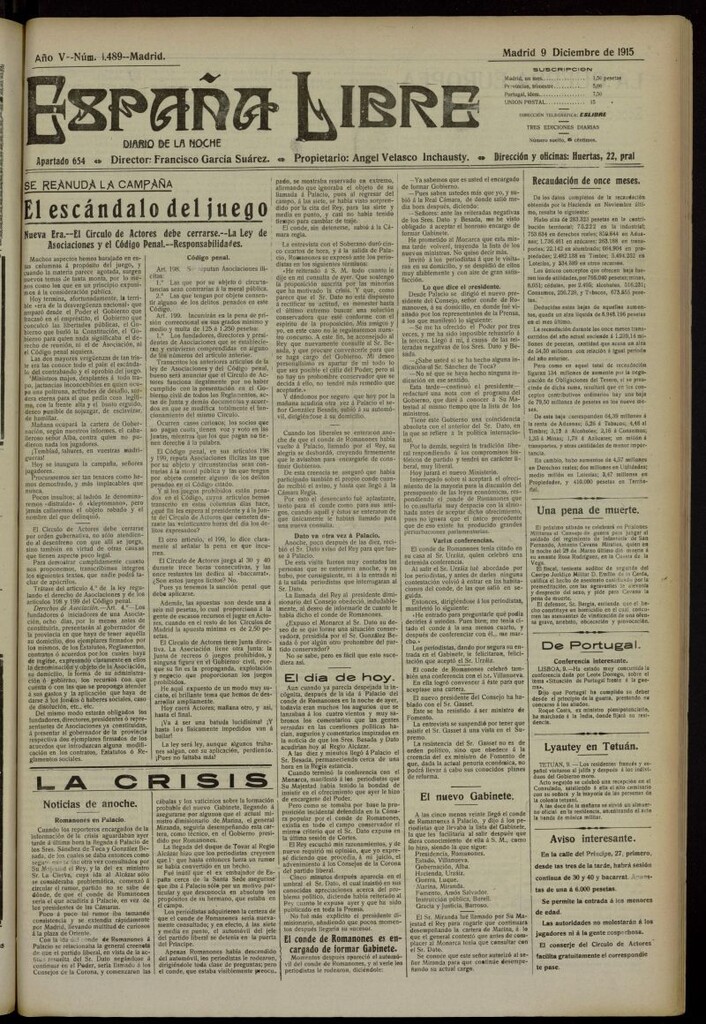 Miniatura de España Libre : Diario de la noche del 9 de diciembre de 1915, nº 1489